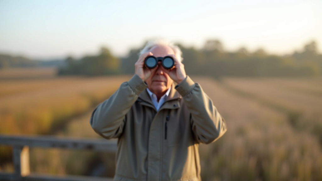 Visitor at observation tower looking through binoculars across wetland landscape during morning hours