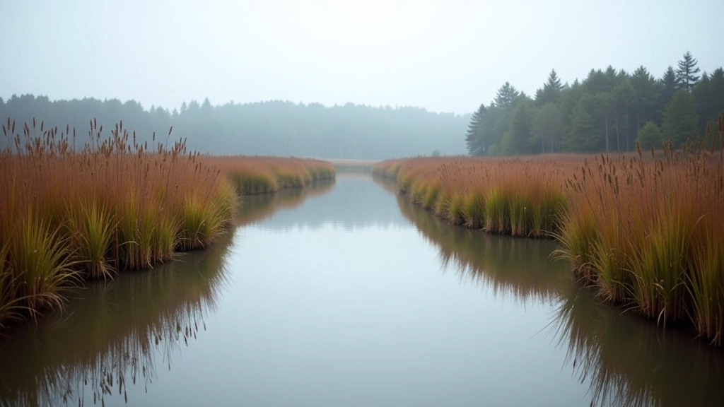 Serene wetland water channel reflecting sky with reed vegetation and forest backdrop