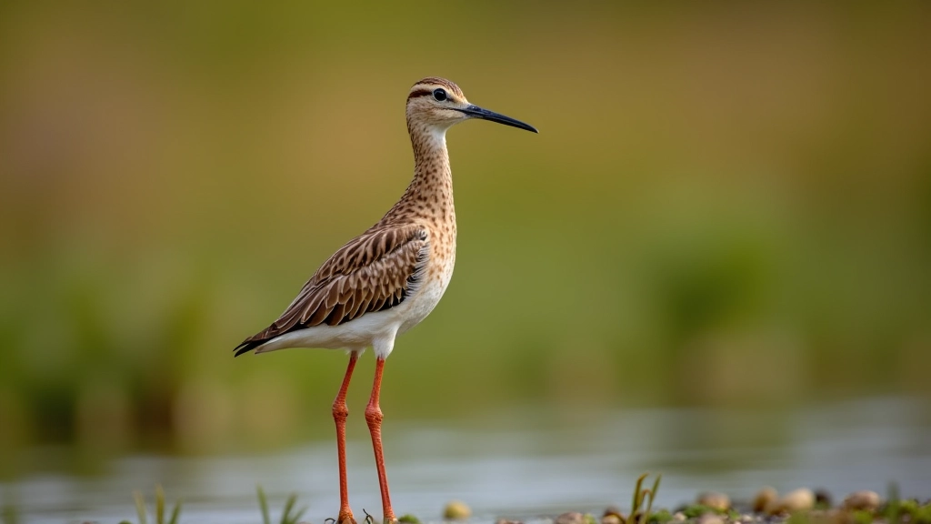 Common redshank with reddish-orange legs and bill, in characteristic upright posture, calling loudly with head raised in wetland setting