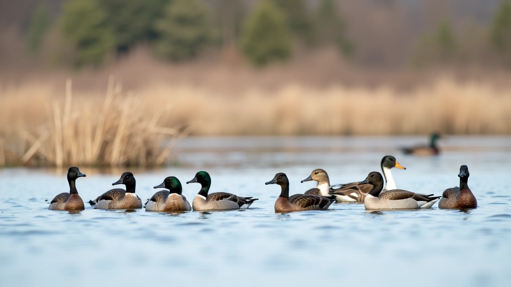 Diverse waterfowl species gathering in wetland during migration season