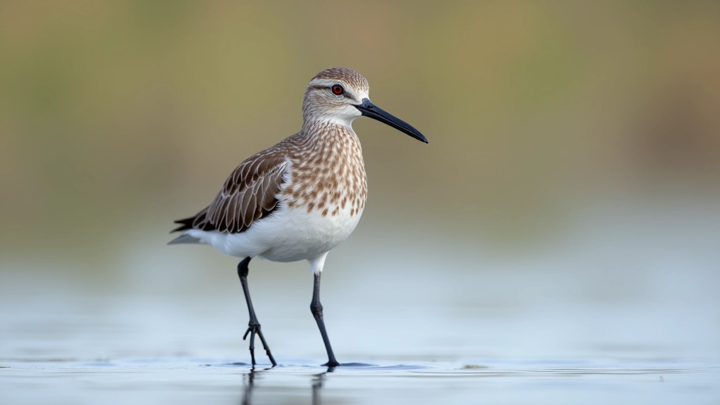 Dunlin in non-breeding plumage, showing subtle grey-brown coloring and short bill, wading in shallow muddy water with vegetation