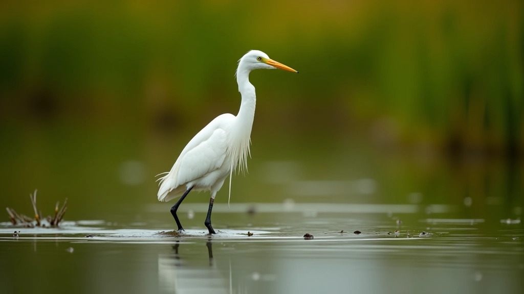 Great egret with white plumage wading in shallow water among green reeds at close range