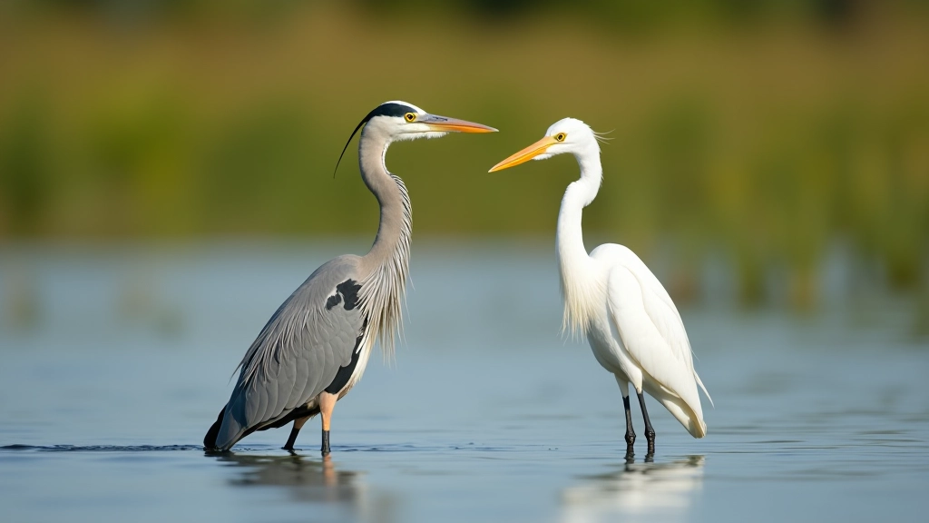Side-by-side comparison showing grey heron and great egret standing in shallow water, highlighting different sizes, colors, and postures