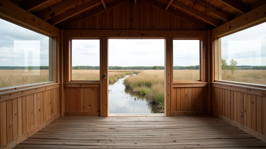 Observation tower interior with viewing platform, railings, and panoramic wetland view through wooden structure
