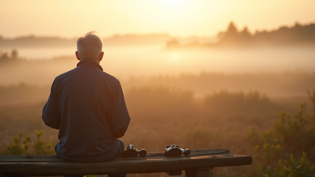 Older person with binoculars sitting on wooden bench overlooking calm lake at sunrise with mist rising from water
