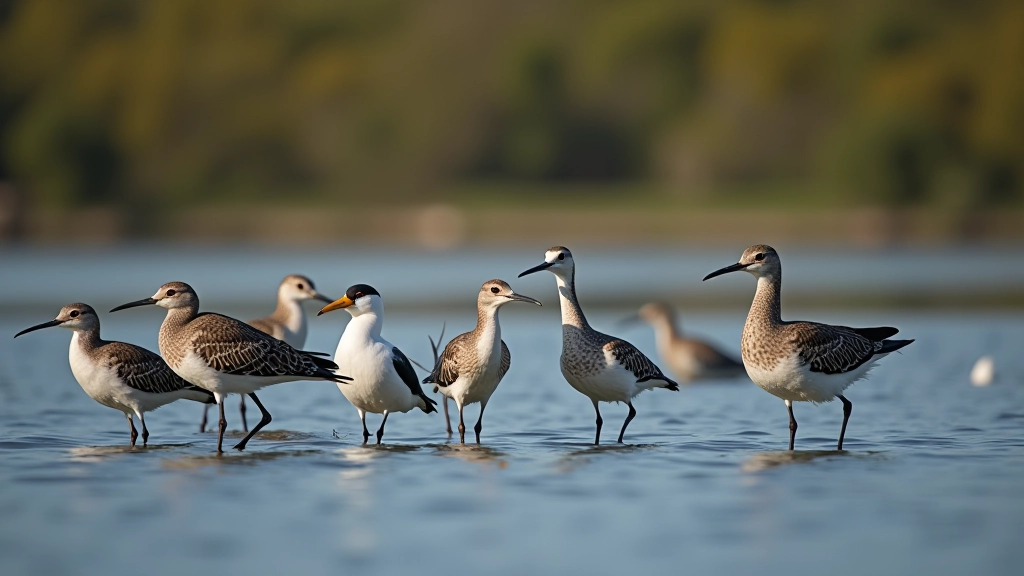 Multiple wading birds of different species standing together in shallow wetland water, showing size and posture differences