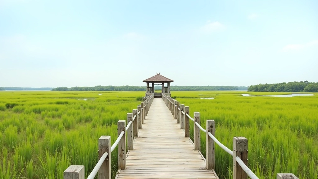 Observation tower visible at end of boardwalk path through wetlands, tall wooden structure with viewing platform, green vegetation below