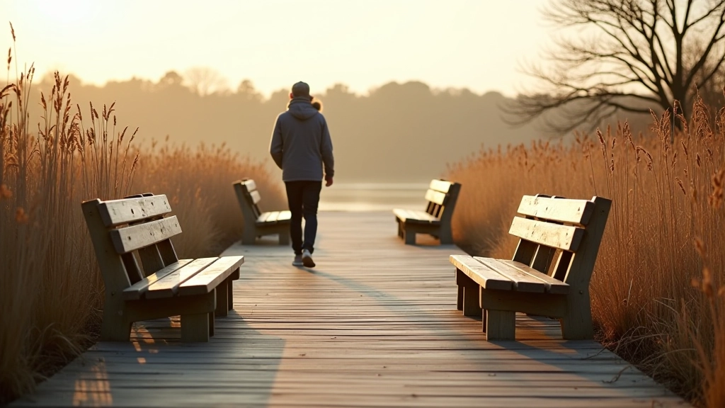 Peaceful wooden boardwalk with benches along the route, person in distance walking slowly, surrounded by tall reeds and still water