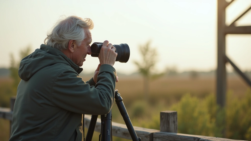 Photographer with telephoto lens mounted on tripod, positioned on wooden observation platform overlooking wetland landscape