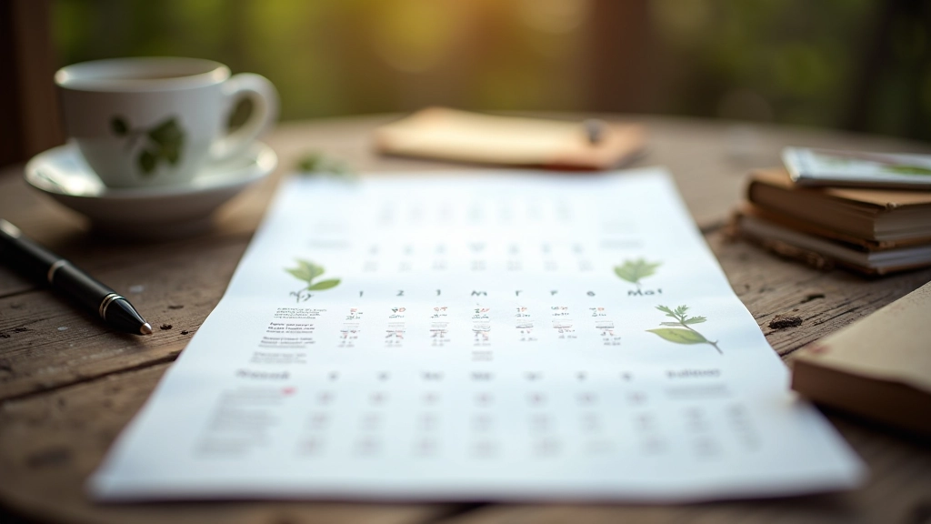 Calendar spread showing spring months with bird migration markers and dates highlighted on wooden table surface