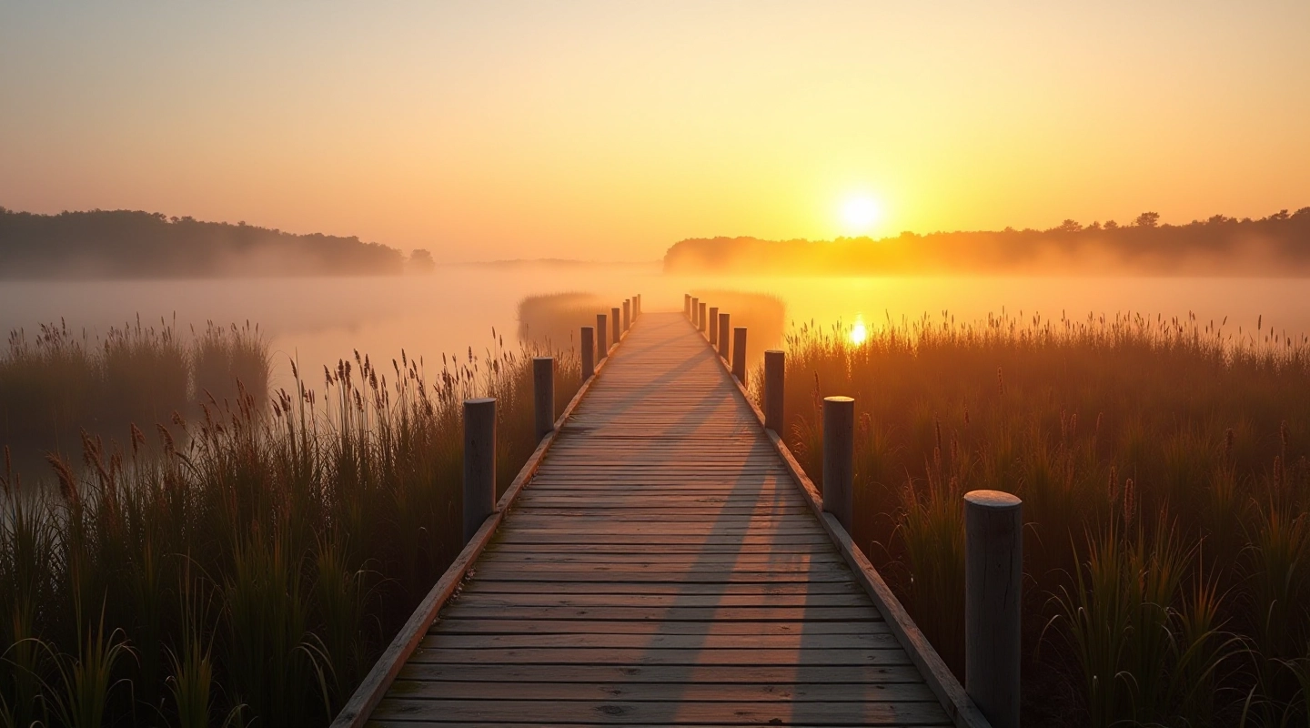 Serene wetland landscape at sunrise with wooden boardwalk stretching into mist, reeds in golden light