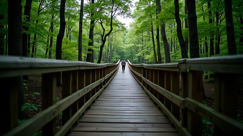 Steep wooden boardwalk ramp ascending through forest with trees on both sides, railings visible, person climbing in distance
