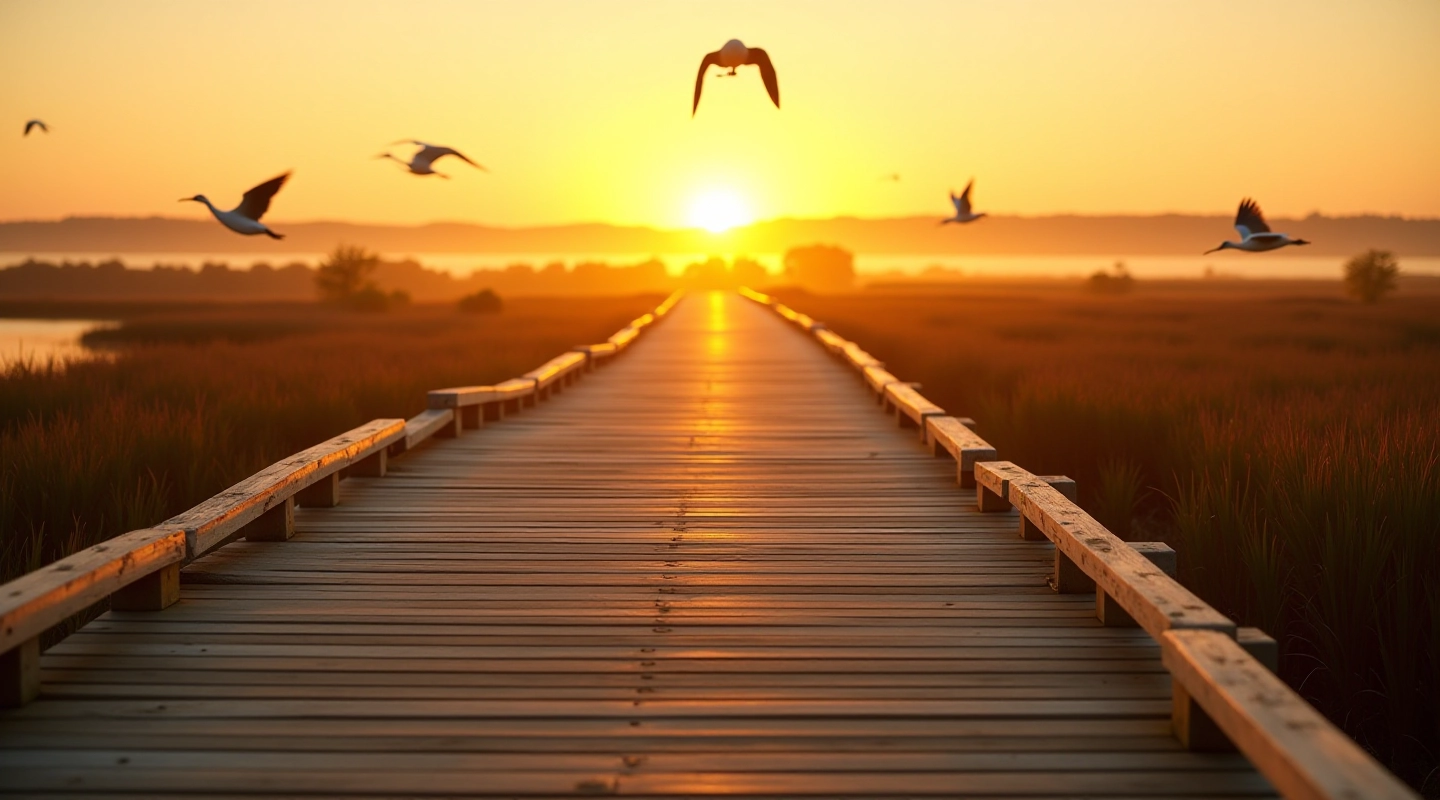 Scenic wetland boardwalk at Žuvintas Biosphere Reserve with golden hour lighting and natural vegetation