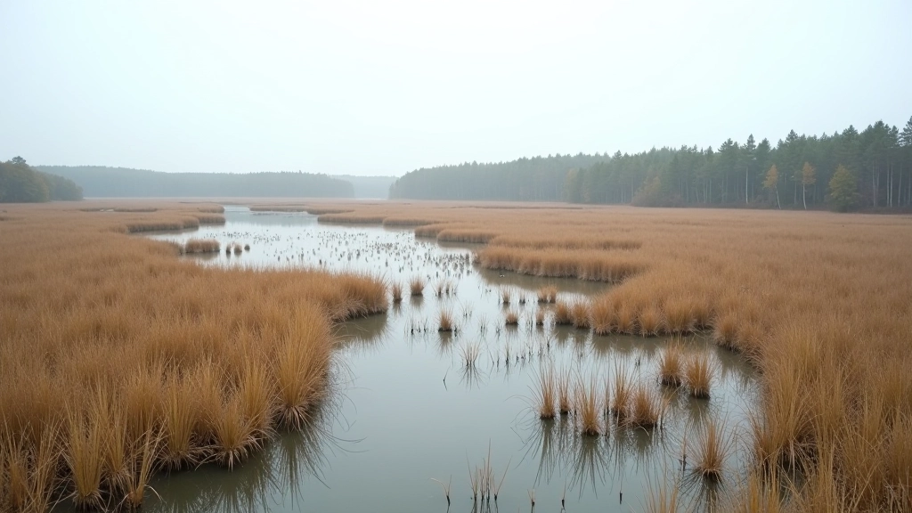 Wide view of Žuvintas wetland landscape with multiple observation points visible across the water and marshland