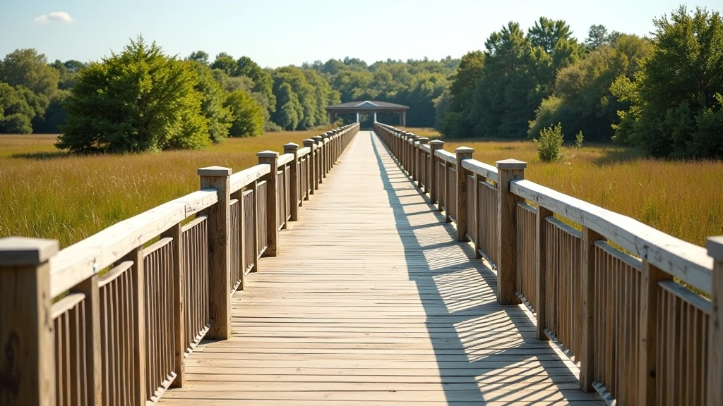 Wide wooden boardwalk with sturdy railings stretching into distance through wetland landscape with trees lining both sides, bright daylight