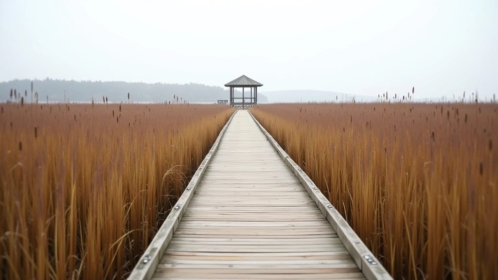 Boardwalk pathway leading through wetland reed beds with observation tower visible in distance