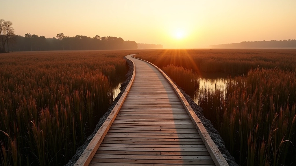 Wooden boardwalk winding through wetland marshes with cattails and water visible on both sides, golden hour light