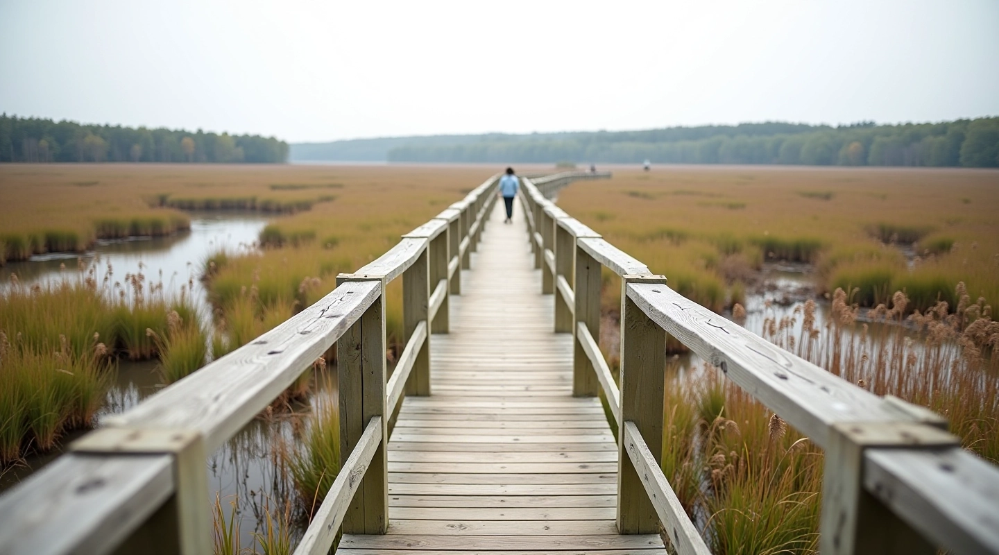 Wooden observation tower platform overlooking calm wetland waters with reeds and forest shoreline in background
